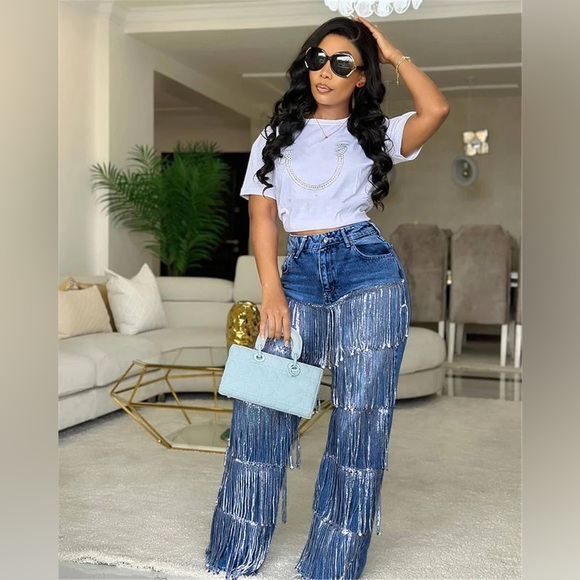 Denim - High-Waist Fringe Denim Jeans | Statement Wide-Leg (dark blue)